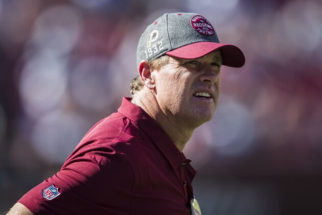 LANDOVER, MD - SEPTEMBER 15: Head coach Jay Gruden of the Washington Redskins looks on against the Dallas Cowboys during the second half at FedExField on September 15, 2019 in Landover, Maryland. (Photo by Scott Taetsch/Getty Images)