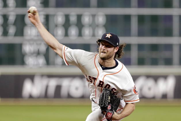 Houston Astros starting pitcher Gerrit Cole throws against the Tampa Bay Rays during the first inning of a baseball game Wednesday, Aug. 28, 2019, in Houston. (AP Photo/Michael Wyke)