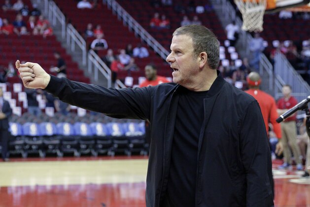 New Houston Rockets owner Tilman Fertitta before the start of an NBA preseason basketball game against the San Antonio Spurs Friday, Oct. 13, 2017, in Houston. (AP Photo/Michael Wyke)