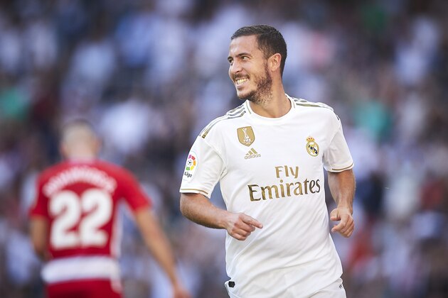 MADRID, SPAIN - OCTOBER 05: Eden Hazard of Real Madrid celebrates scoring his team's second goal during the Liga match between Real Madrid CF and Granada CF at Estadio Santiago Bernabeu on October 05, 2019 in Madrid, Spain. (Photo by Quality Sport Images/Getty Images)