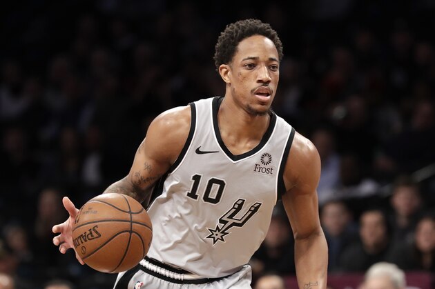 San Antonio Spurs guard DeMar DeRozan (10) drives during the first half of an NBA basketball game, Monday, Feb. 25, 2019, in New York. (AP Photo/Kathy Willens)