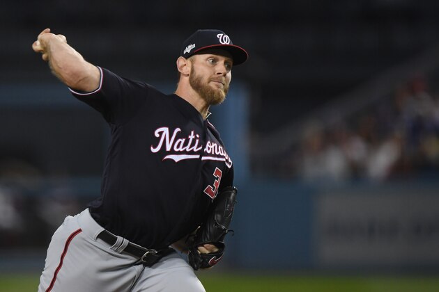 LOS ANGELES, CALIFORNIA - OCTOBER 04: Stephen Strasburg #37 of the Washington Nationals pitches against the Los Angeles Dodgers in the first inning in game two of the National League Division Series at Dodger Stadium on October 04, 2019 in Los Angeles, California. (Photo by Harry How/Getty Images)