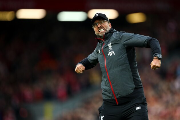 LIVERPOOL, ENGLAND - OCTOBER 05: Jurgen Klopp the head coach / manager of Liverpool celebrates at full time during the Premier League match between Liverpool FC and Leicester City at Anfield on October 5, 2019 in Liverpool, United Kingdom. (Photo by Robbie Jay Barratt - AMA/Getty Images)