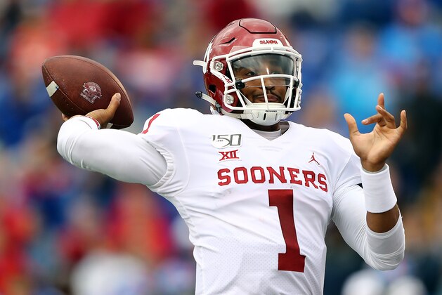 LAWRENCE, KANSAS - OCTOBER 05:  Quarterback Jalen Hurts #1 of the Oklahoma Sooners passes during the game against the Kansas Jayhawks at Memorial Stadium on October 05, 2019 in Lawrence, Kansas. (Photo by Jamie Squire/Getty Images)