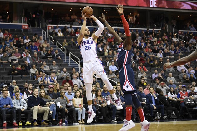 Philadelphia 76ers guard Ben Simmons (25) shoots against Washington Wizards forward Jeff Green, right, during the first half of an NBA basketball game, Wednesday, Jan. 9, 2019, in Washington. (AP Photo/Nick Wass)