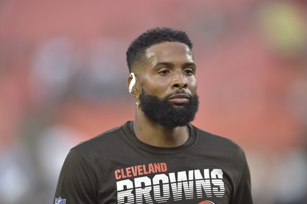 Cleveland Browns wide receiver Odell Beckham Jr. (13) warms up before an NFL football game against the Los Angeles Rams, Sunday, Sept. 22, 2019, in Cleveland. The Rams won 20-13. (AP Photo/David Richard)