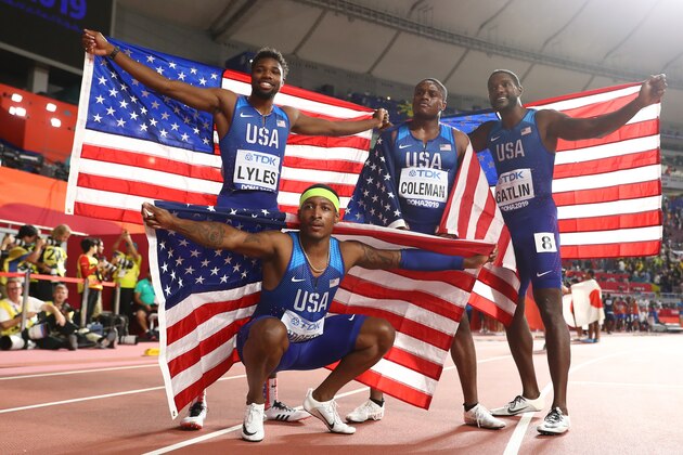 DOHA, QATAR - OCTOBER 05: Christian Coleman, Justin Gatlin, Michael Rodgers and Noah Lyles of the United States celebrate gold in the Men's 4x100 Metres Relay during day nine of 17th IAAF World Athletics Championships Doha 2019 at Khalifa International Stadium on October 05, 2019 in Doha, Qatar. (Photo by Michael Steele/Getty Images)