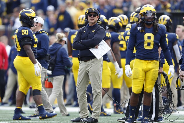 Michigan head coach Jim Harbaugh watches during the second half of an NCAA college football game against Iowa in Ann Arbor, Mich., Saturday, Oct. 5, 2019. (AP Photo/Paul Sancya)