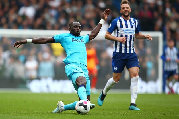 BRIGHTON, ENGLAND - OCTOBER 05: Moussa Sissoko of Tottenham Hotspur stretches for the ball during the Premier League match between Brighton & Hove Albion and Tottenham Hotspur at American Express Community Stadium on October 05, 2019 in Brighton, United Kingdom. (Photo by Charlie Crowhurst/Getty Images)