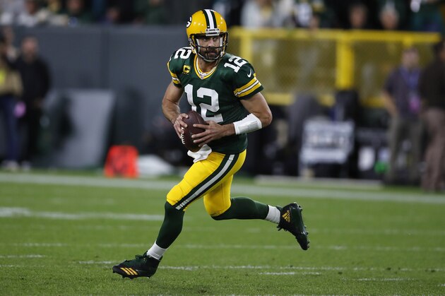 Green Bay Packers quarterback Aaron Rodgers (12) looks to throw a pass against the Philadelphia Eagles during an NFL football game, Thursday, Sept. 26, 2019, in Green Bay, Wis. The Eagles defeated the Packers 34-27. (Jeff Haynes/AP Images for Panini)