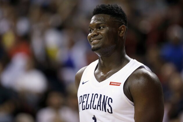 New Orleans Pelicans' Zion Williamson (1) smiles during the team's NBA summer league basketball game against the New York Knicks on Friday, July 5, 2019, in Las Vegas. (AP Photo/Steve Marcus)