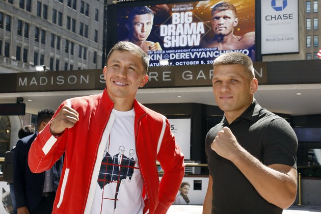 FILE - In this Aug. 22, 2019, file photo, Kazakhstan's Gennady Golovkin, left, and Ukraine's Sergiy Derevyanchenko, pose for photos after a news conference at New York's Madison Square Garden. Longtime middleweight champion Golovkin can regain one of his old belts when he faces Derevyanchenko on Saturday night. (AP Photo/Richard Drew, File)