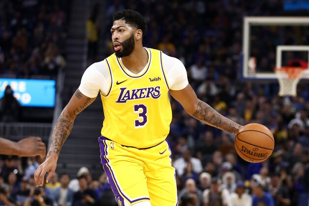 SAN FRANCISCO, CALIFORNIA - OCTOBER 05:  Anthony Davis #3 of the Los Angeles Lakers dribbles the ball against the Golden State Warriors at Chase Center on October 05, 2019 in San Francisco, California.  NOTE TO USER: User expressly acknowledges and agrees that, by downloading and or using this photograph, User is consenting to the terms and conditions of the Getty Images License Agreement.  (Photo by Ezra Shaw/Getty Images)