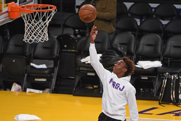 LOS ANGELES, CA - DECEMBER 28: LeBron James Jr. shoots around after a game between the LA Clippers and the Los Angeles Lakers on December 28, 2018 at STAPLES Center in Los Angeles, California. NOTE TO USER: User expressly acknowledges and agrees that, by downloading and/or using this photograph, user is consenting to the terms and conditions of the Getty Images License Agreement. Mandatory Copyright Notice: Copyright 2018 NBAE (Photo by Adam Pantozzi/NBAE via Getty Images)