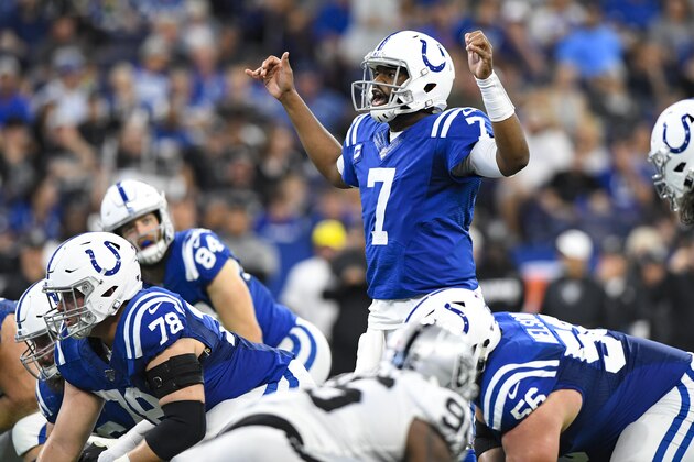 Indianapolis Colts quarterback Jacoby Brissett (7) during the first half of an NFL football game against the Oakland Raiders in Indianapolis, Sunday, Sept. 29, 2019. (AP Photo/Doug McSchooler)