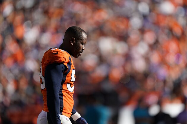 Denver Broncos outside linebacker Von Miller looks on during the second half of an NFL football game against the Jacksonville Jaguars, Sunday, Sept. 29, 2019, in Denver. (AP Photo/Jack Dempsey)