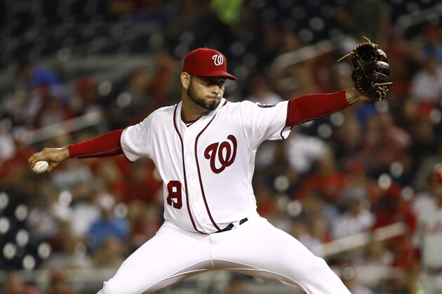 Washington Nationals starting pitcher Anibal Sanchez throws to the Philadelphia Phillies during a baseball game, Wednesday, Sept. 25, 2019, in Washington. (AP Photo/Patrick Semansky)