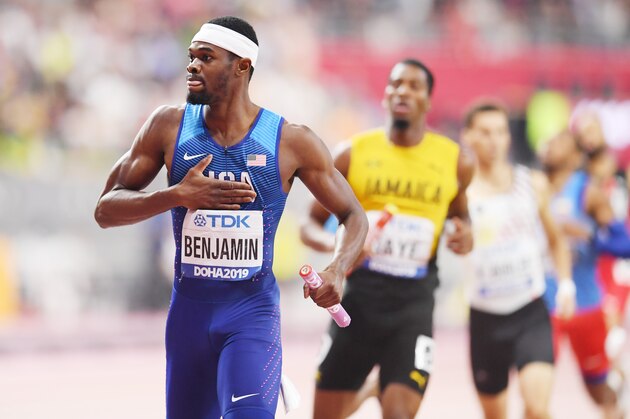 DOHA, QATAR - OCTOBER 06: Rai Benjamin of the United States celebrates winning gold for the United States in the Men's 4x400 metres relay final during day ten of 17th IAAF World Athletics Championships Doha 2019 at Khalifa International Stadium on October 06, 2019 in Doha, Qatar. (Photo by Matthias Hangst/Getty Images)