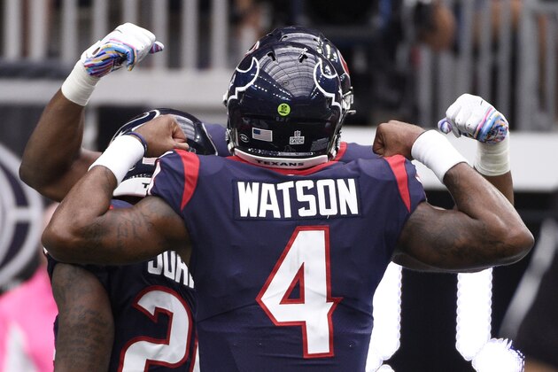 Houston Texans quarterback Deshaun Watson (4) celebrates a touchdown against the Atlanta Falcons during the second half of an NFL football game Sunday, Oct. 6, 2019, in Houston. (AP Photo/Eric Christian Smith)