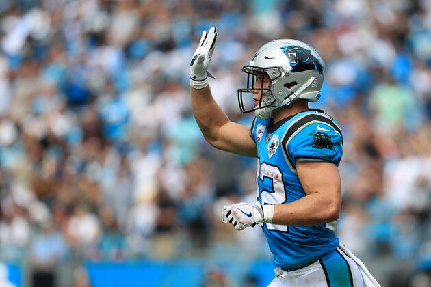CHARLOTTE, NORTH CAROLINA - OCTOBER 06: Christian McCaffrey #22 of the Carolina Panthers reacts after scoring a touchdown against the Jacksonville Jaguars during their game at Bank of America Stadium on October 06, 2019 in Charlotte, North Carolina. (Photo by Streeter Lecka/Getty Images)