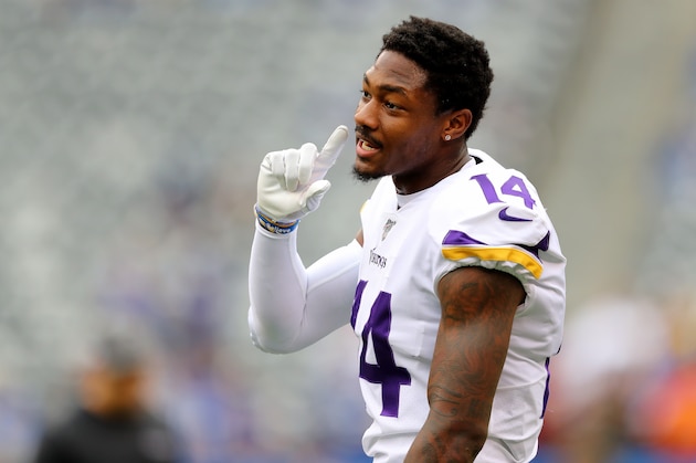 EAST RUTHERFORD, NEW JERSEY - OCTOBER 06: Stefon Diggs #14 of the Minnesota Vikings looks on prior to the game against the New York Giants at MetLife Stadium on October 06, 2019 in East Rutherford, New Jersey. (Photo by Elsa/Getty Images)