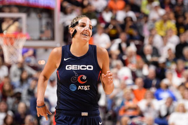 UNCASVILLE, CT - OCTOBER 6: Elena Delle Donne #11 of the Washington Mystics reacts during action against the Connecticut Sun in the first quarter of Game 3 of the WNBA Finals at Mohegan Sun Arena on October 6, 2019 in Uncasville, Connecticut. NOTE TO USER: User expressly acknowledges and agrees that, by downloading and or using this photograph, User is consenting to the terms and conditions of the Getty Images License Agreement. (Photo by Kathryn Riley/Getty Images)