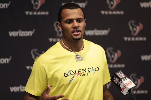 Houston Texans quarterback Deshaun Watson talks to the media following an NFL football game against the Atlanta Falcons Sunday, Oct. 6, 2019, in Houston. (AP Photo/Michael Wyke)