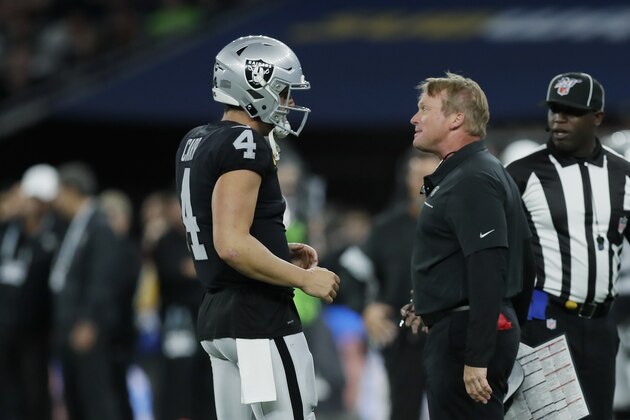 Oakland Raiders head coach Jon Gruden, front right, talks with quarterback Derek Carr (4) during the first half of an NFL football game against the Chicago Bears at Tottenham Hotspur Stadium, Sunday, Oct. 6, 2019, in London. (AP Photo/Kirsty Wigglesworth)