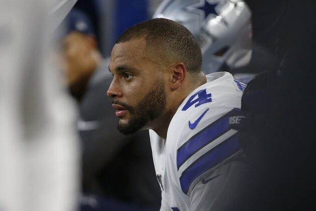 Dallas Cowboys quarterback Dak Prescott sits on the bench late in the second half of the team's NFL football game against the Green Bay Packers in Arlington, Texas, Sunday, Oct. 6, 2019. (AP Photo/Ron Jenkins)