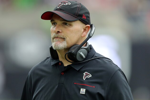 HOUSTON, TEXAS - OCTOBER 06: Head coach Dan Quinn of the Atlanta Falcons on the sidelines against the Houston Texans  at NRG Stadium on October 06, 2019 in Houston, Texas. (Photo by Bob Levey/Getty Images)