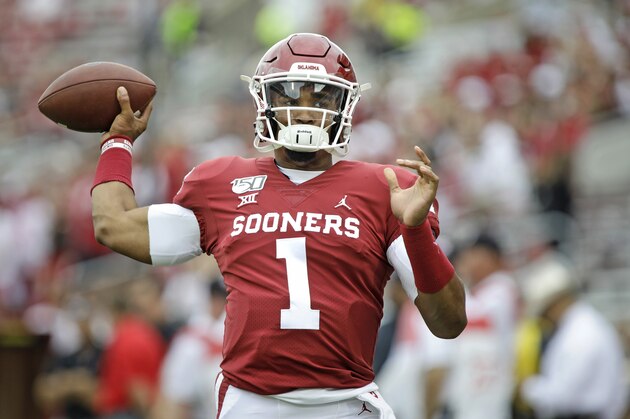 NORMAN, OK - SEPTEMBER 28: Quarterback Jalen Hurts #1 of the Oklahoma Sooners warms up before the game against the Texas Tech Red Raiders at Gaylord Family Oklahoma Memorial Stadium on September 28, 2019 in Norman, Oklahoma. The Sooners defeated the Red Raiders 55-16. (Photo by Brett Deering/Getty Images)