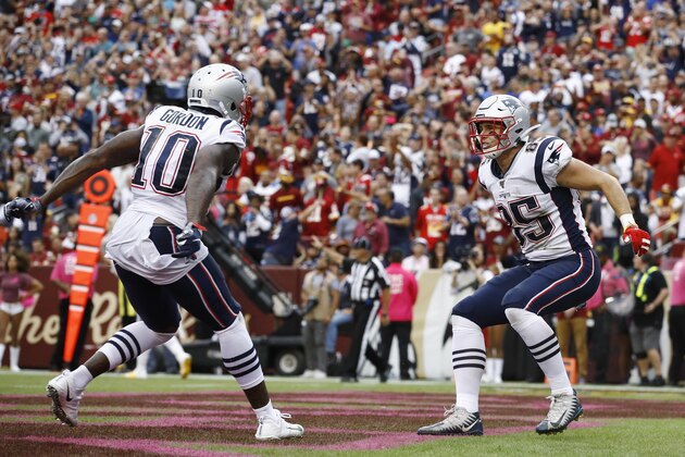 New England Patriots tight end Ryan Izzo (85)celebrates a touchdown catch against the Washington Redskins during the second half of an NFL football game, Sunday, Oct. 6, 2019, in Washington. (AP Photo/Patrick Semansky)