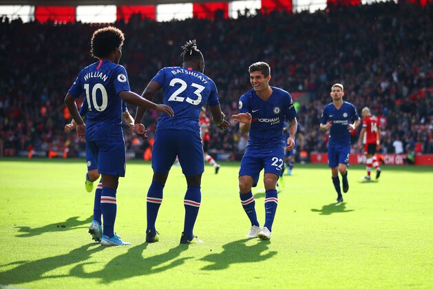 SOUTHAMPTON, ENGLAND - OCTOBER 06:  Michy Batshuayi of Chelsea celebrates scoring their fourth goal with Christian Pulisic of Chelsea during the Premier League match between Southampton FC and Chelsea FC at St Mary's Stadium on October 06, 2019 in Southampton, United Kingdom. (Photo by Julian Finney/Getty Images)