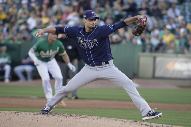 Tampa Bay Rays pitcher Charlie Morton throws to an Oakland Athletics batter during the first inning of an American League wild-card baseball game in Oakland, Calif., Wednesday, Oct. 2, 2019. (AP Photo/Jeff Chiu)