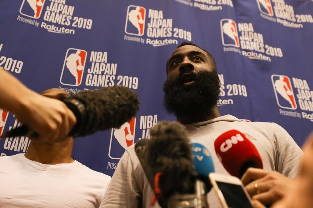TOKYO, JAPAN - OCTOBER 07: James Harden of Houston Rockets speaks to the media after a practice at a training facility on October 07, 2019 in Tokyo, Japan. (Photo by Takashi Aoyama/Getty Images)