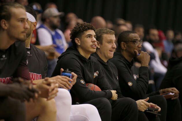 DEVONPORT, AUSTRALIA - SEPTEMBER 22: Lamelo Ball of the Hawks looks on during the NBL Blitz pre-season match between Melbourne United and the Illawarra Hawks at Derwent Entertainment Centre  on September 21, 2019 in Hobart Australia. (Photo by Darrian Traynor/Getty Images)