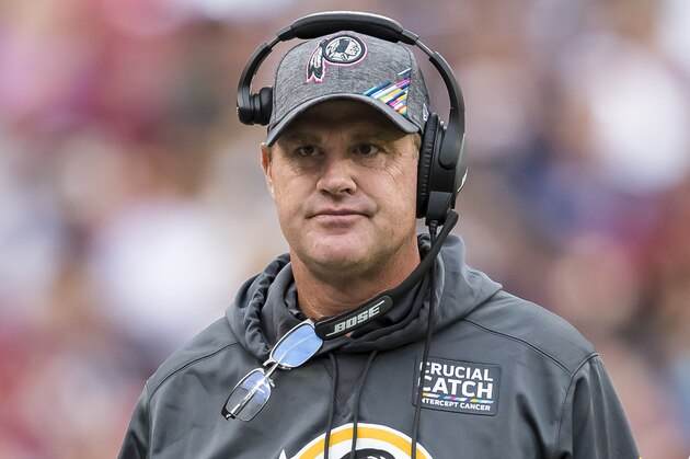 LANDOVER, MD - OCTOBER 06: Head coach Jay Gruden of the Washington Redskins looks on against the New England Patriots during the first half at FedExField on October 6, 2019 in Landover, Maryland. (Photo by Scott Taetsch/Getty Images)