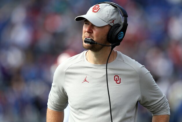 LAWRENCE, KANSAS - OCTOBER 05:  Head coach Lincoln Riley of the Oklahoma Sooners watches from the sidelines during the game against the Kansas Jayhawks at Memorial Stadium on October 05, 2019 in Lawrence, Kansas. (Photo by Jamie Squire/Getty Images)