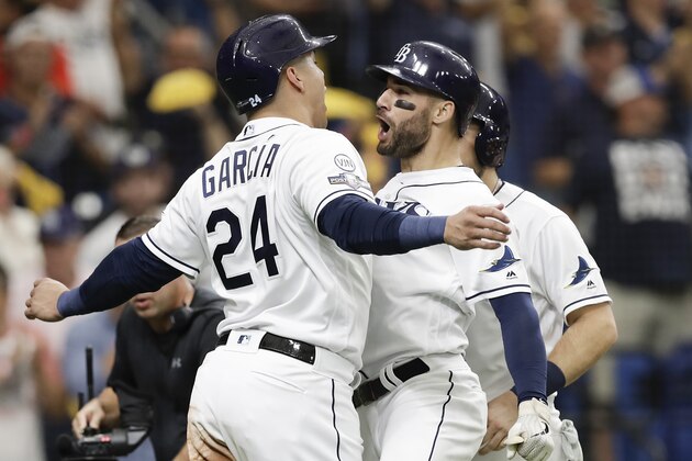 Tampa Bay Rays' Kevin Kiermaier, right, celebrates his 3-run home run in the second inning against the Houston Astros with Avisail Garcia (24) during Game 3 of a baseball American League Division Series, Monday, Oct. 7, 2019, in St. Petersburg, Fla. (AP Photo/Chris O'Meara)