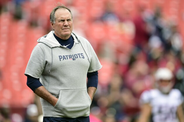 LANDOVER, MARYLAND - OCTOBER 06:  Head coach Bill Belichick of the New England Patriots looks on during warmups prior to the game against the Washington Redskins at FedExField on October 06, 2019 in Landover, Maryland. (Photo by Patrick McDermott/Getty Images)