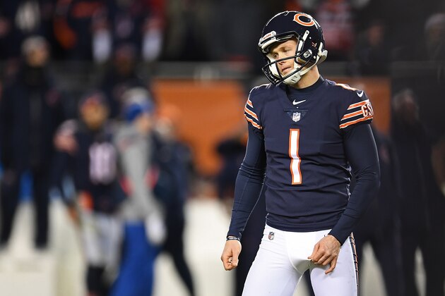 CHICAGO, ILLINOIS - JANUARY 06: Cody Parkey #1 of the Chicago Bears reacts to a missed field goal against the Philadelphia Eagles as time expires during the NFC Wild Card Playoff game at Soldier Field on January 06, 2019 in Chicago, Illinois.  The Eagles defeated the Bears 16-15. (Photo by Stacy Revere/Getty Images)