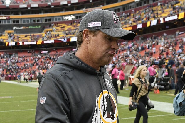 CORRECTS THE DATELINE TO LANDOVER, MD., AND NOT WASHINGTON AS ORIGINALLY SENT - Washington Redskins head coach Jay Gruden leaves the field after an NFL football game against the New England Patriots, Sunday, Oct. 6, 2019, in Landover, Md. The New England Patriots won 33-7. Gruden was fired as head coach of the Washington Redskins on Monday after an 0-5 start to the sixth season of a tenure that featured only one playoff appearance. (AP Photo/Nick Wass)