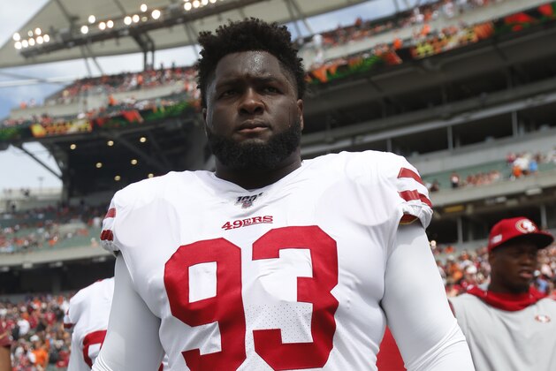 CINCINNATI, OH - SEPTEMBER 15: D.J. Jones #93 of the San Francisco 49ers stands on the sideline prior to the game against the Cincinnati Bengals at Paul Brown Stadium on September 15, 2019 in Cincinnati, Ohio. The 49ers defeated the Bengals 41-17. (Photo by Michael Zagaris/San Francisco 49ers/Getty Images)