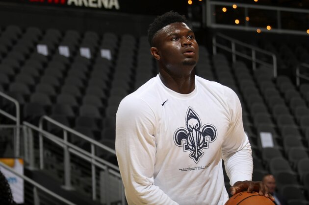 ATLANTA, GA - OCTOBER 7: Zion Williamson #1 of the New Orleans Pelicans looks on before a pre-season game against the Atlanta Hawks on October 7, 2019 at State Farm Arena in Atlanta, Georgia. NOTE TO USER: User expressly acknowledges and agrees that, by downloading and/or using this Photograph, user is consenting to the terms and conditions of the Getty Images License Agreement. Mandatory Copyright Notice: Copyright 2019 NBAE (Photo by Layne Murdoch Jr./NBAE via Getty Images)