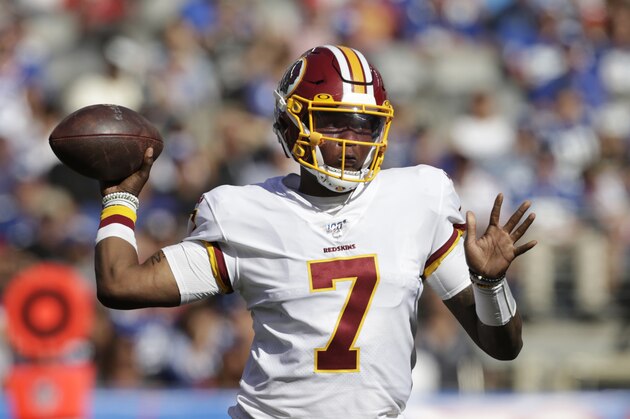 Washington Redskins quarterback Dwayne Haskins throws during the second half of an NFL football game against the New York Giants, Sunday, Sept. 29, 2019, in East Rutherford, N.J. (AP Photo/Adam Hunger)