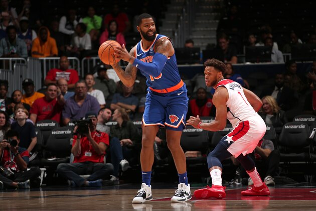 WASHINGTON, DC -¬ OCTOBER 7: Marcus Morris #13 of New York Knicks handles the ball against the Washington Wizards during pre-season on October 7, 2019 at Capital One Arena in Washington, DC. NOTE TO USER: User expressly acknowledges and agrees that, by downloading and or using this Photograph, user is consenting to the terms and conditions of the Getty Images License Agreement. Mandatory Copyright Notice: Copyright 2019 NBAE (Photo by Ned Dishman/NBAE via Getty Images)