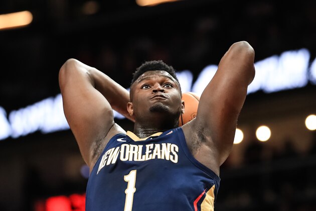 ATLANTA, GA - OCTOBER 7: Zion Williamson #1 of the New Orleans Pelicans dunks the ball against the Atlanta Hawks during the firs quarter at State Farm Arena on October 7, 2019 in Atlanta, Georgia. NOTE TO USER: User expressly acknowledges and agrees that, by downloading and or using this photograph, User is consenting to the terms and conditions of the Getty Images License Agreement. (Photo by Carmen Mandato/Getty Images)