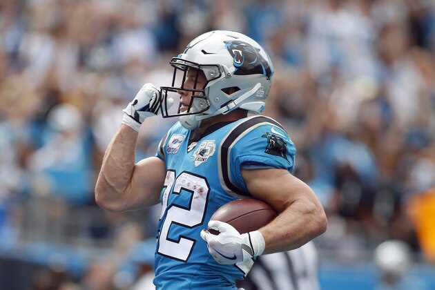 Carolina Panthers running back Christian McCaffrey (22) celebrates a touchdown against the Jacksonville Jaguars during the first half of an NFL football game in Charlotte, N.C., Sunday, Oct. 6, 2019. (AP Photo/Brian Blanco)