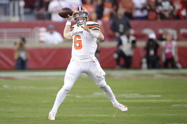 Cleveland Browns quarterback Baker Mayfield (6) passes against the San Francisco 49ers during the first half of an NFL football game in Santa Clara, Calif., Monday, Oct. 7, 2019. (AP Photo/Ben Margot)