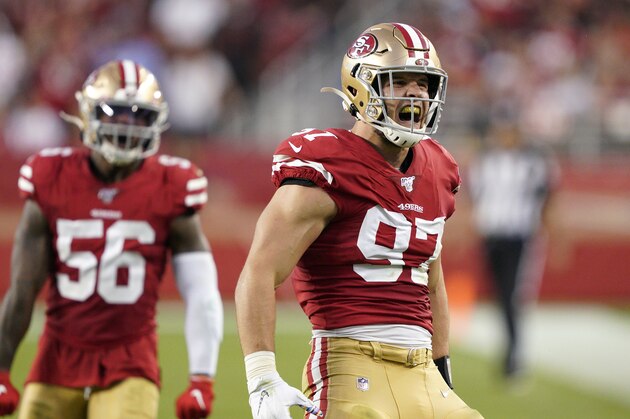 San Francisco 49ers defensive end Nick Bosa (97) celebrates in front of middle linebacker Kwon Alexander (56) during the first half of an NFL football game against the Cleveland Browns in Santa Clara, Calif., Monday, Oct. 7, 2019. (AP Photo/Tony Avelar)